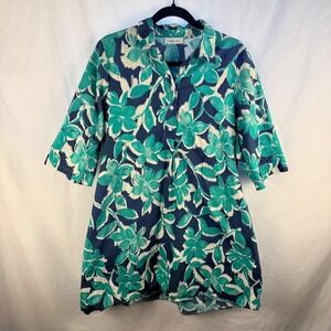 Noeline Paris Blue Green Floral Shirt Dress A-Line Button Front Pockets Boho